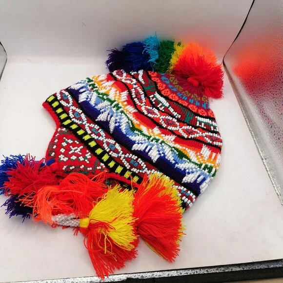 Peruvian Floral Chullo Knitted Wool Multicolored Beads 